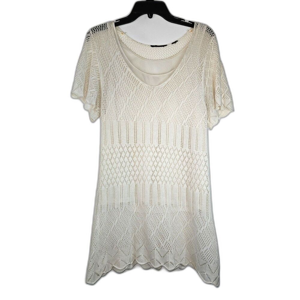 Ivory Intricate Crochet Cottagecore Feminine Mini Dress Lined Scallop Edge Med